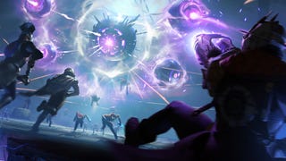 Destiny: Rising artwork showing a team of Lightbearers running toward a swarm of robotic purple orbs spewing purple lasers.