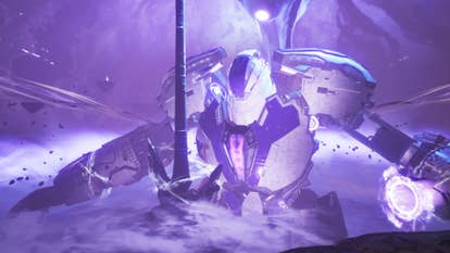 Destiny: Rising screenshot showing a giant mechanoid surrounded by a vortex of swirling purple mist.
