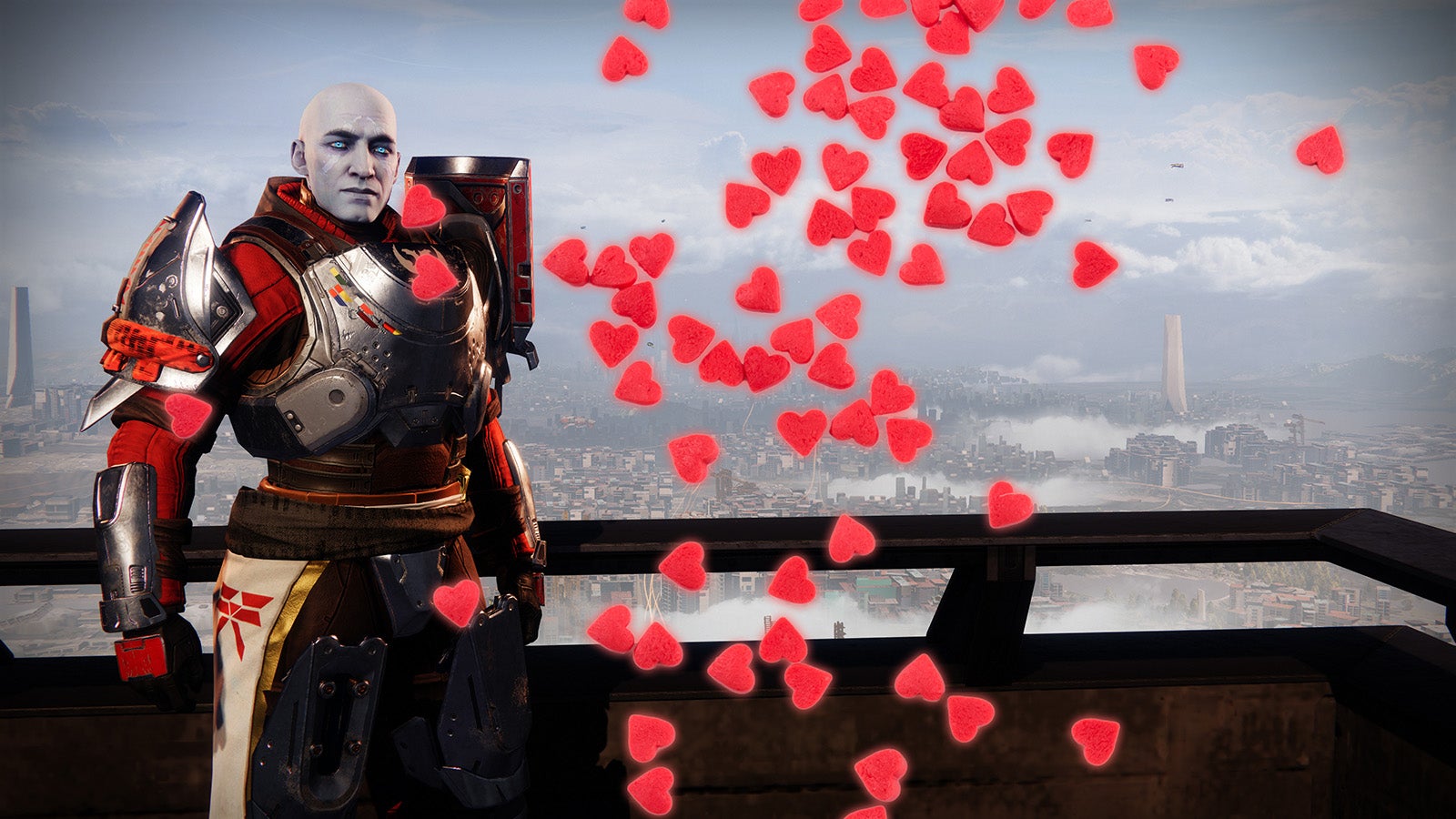 A pale-skinned but also slightly grey-skinned, bald-headed and heavily armoured masculine character stands proudly in front of the camera. A cascade of red hearts tumbles from the top of the screen nearby.