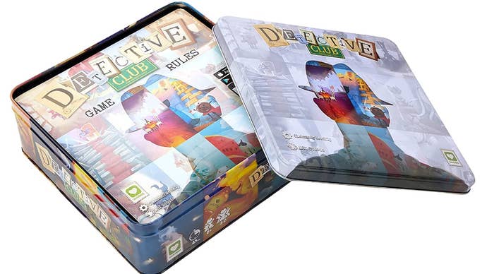 A product shot of the Detective Club board game, which comes in a large tin. The lid is slid off to reveal the top of the contents in the box. You can’t see much of it beyond the game’s artwork, which is a silhouetted figure wearing a hat - a detective’s hat.