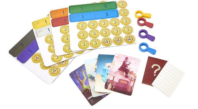 Some cards from within the Detective Club game box. There are counters and some mini magnifying glasses in multiple colours, and they’re very cute.