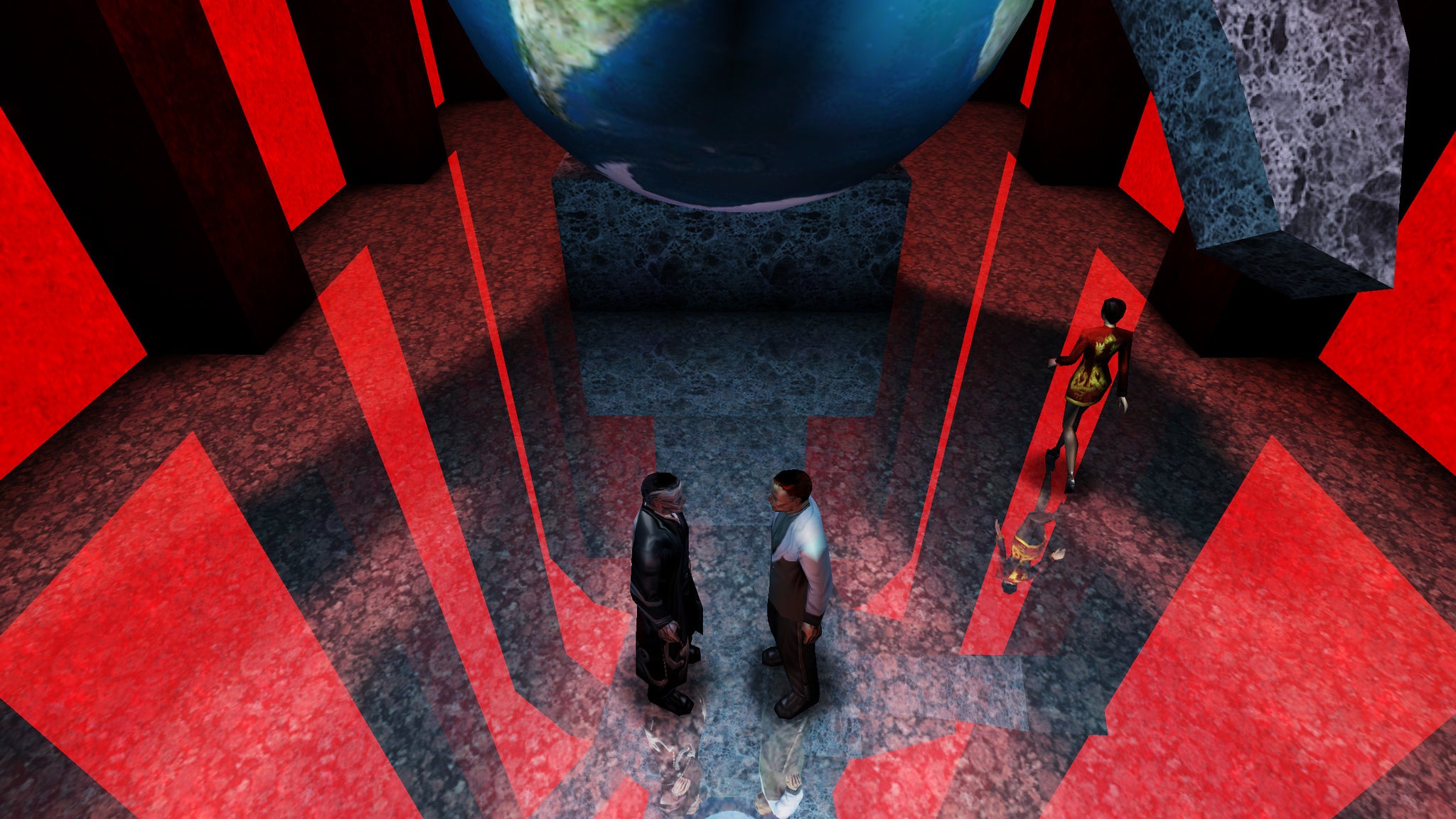 Dastardly conspirators stand beneath a statue of a hand clutching the globe in a Deus Ex screenshot. - 47