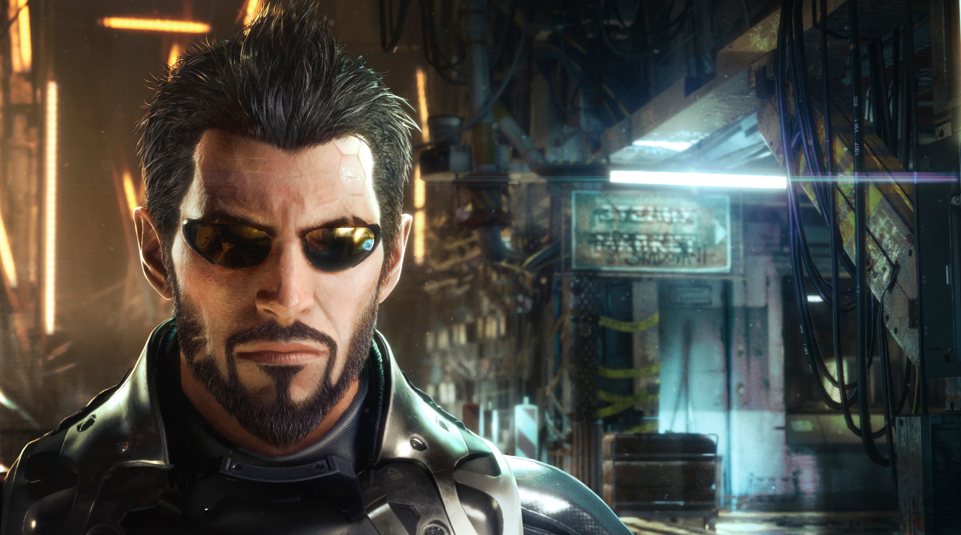 Adam Jensen looks at the camera in his cybernetic sunglasses, as a light beams behind him. - 1