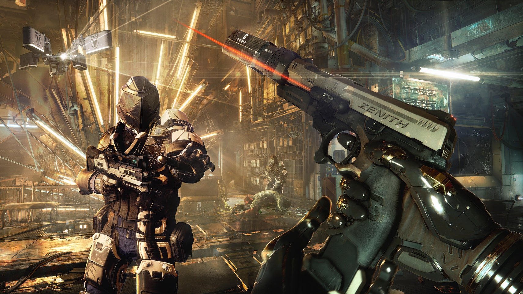 Image from Deus Ex Mankind Divided showing first person view of a character holding a gun as another armed character approaches them