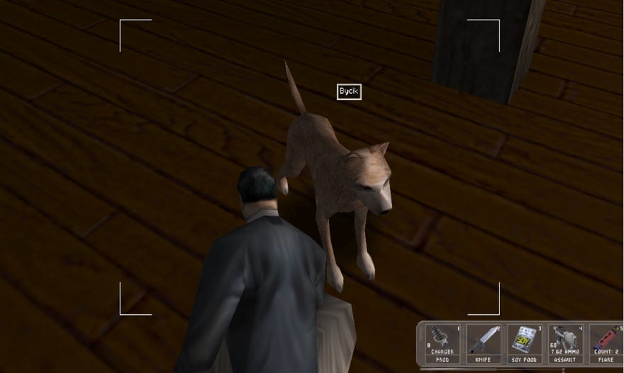 The player character kneels to pet a dog in the Deus Ex Randomizer mod.