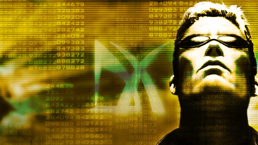 JC Denton looks skyward in a cropped vintage Deus Ex wallpaper.