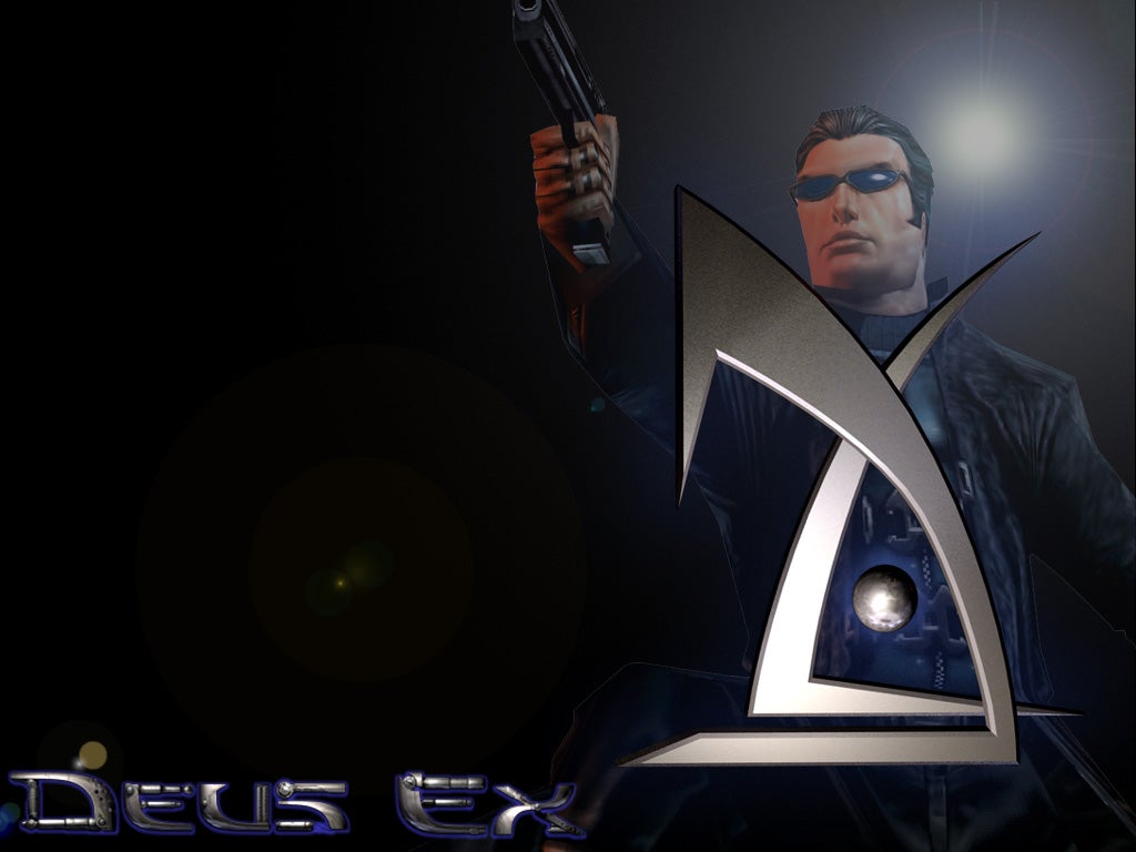 JC Denton poses in vintage Deus Ex wallpaper.