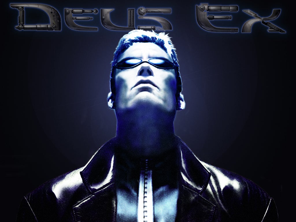 JC Denton poses in vintage Deus Ex wallpaper.