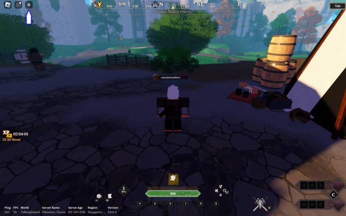 A screenshot of Devas Of Creation in Roblox showing the game’s settings button.