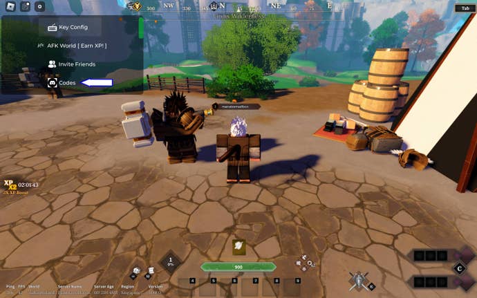 A screenshot of Devas Of Creation in Roblox showing the game’s codes button.