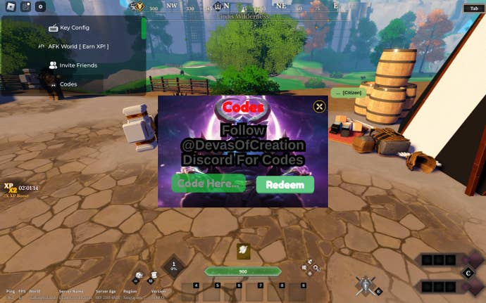 A screenshot of Devas Of Creation in Roblox showing the game’s codes page.