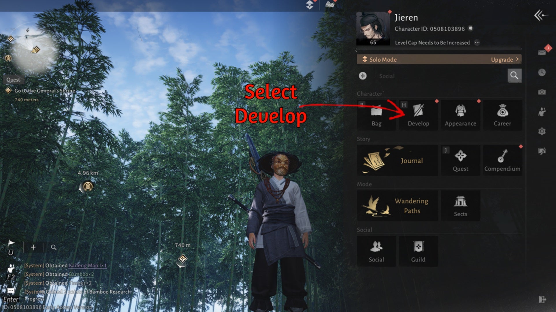 The main menu of Where Winds Meet. A red arrow points to where to access Develop options for the player's character. - 4