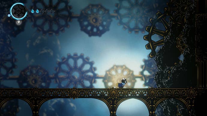 A small masked creature runs across a clockwork landscape in Deviator