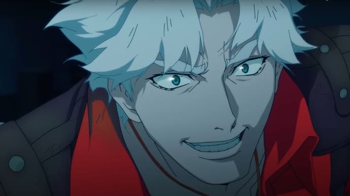 A still from Netflix's animated Devil May Cry adaptation showing a close-up of protagonist Dante's face.
