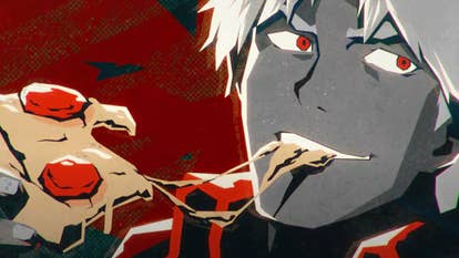 A shot from the intro sequence of Netflix's Devil May Cry animated series showing a close-up of Dante eating pizza, cheese hanging from his mouth.