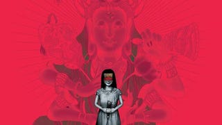 A piece of key art from the horror game Devotion showing a young girl in a grey smock, holding a microphone and with a blindfold covering her face, against a red background