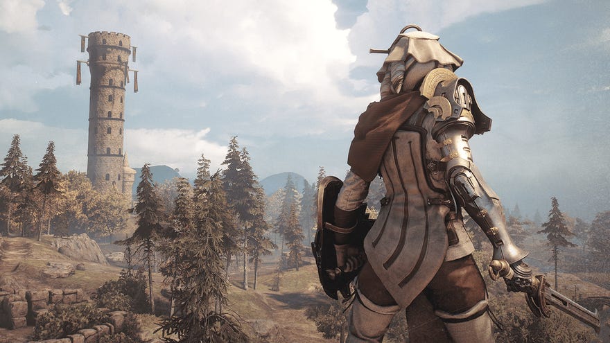 A Soulframe character in cloth and metal armour holding a sword and looking out over trees and rocks at a tower