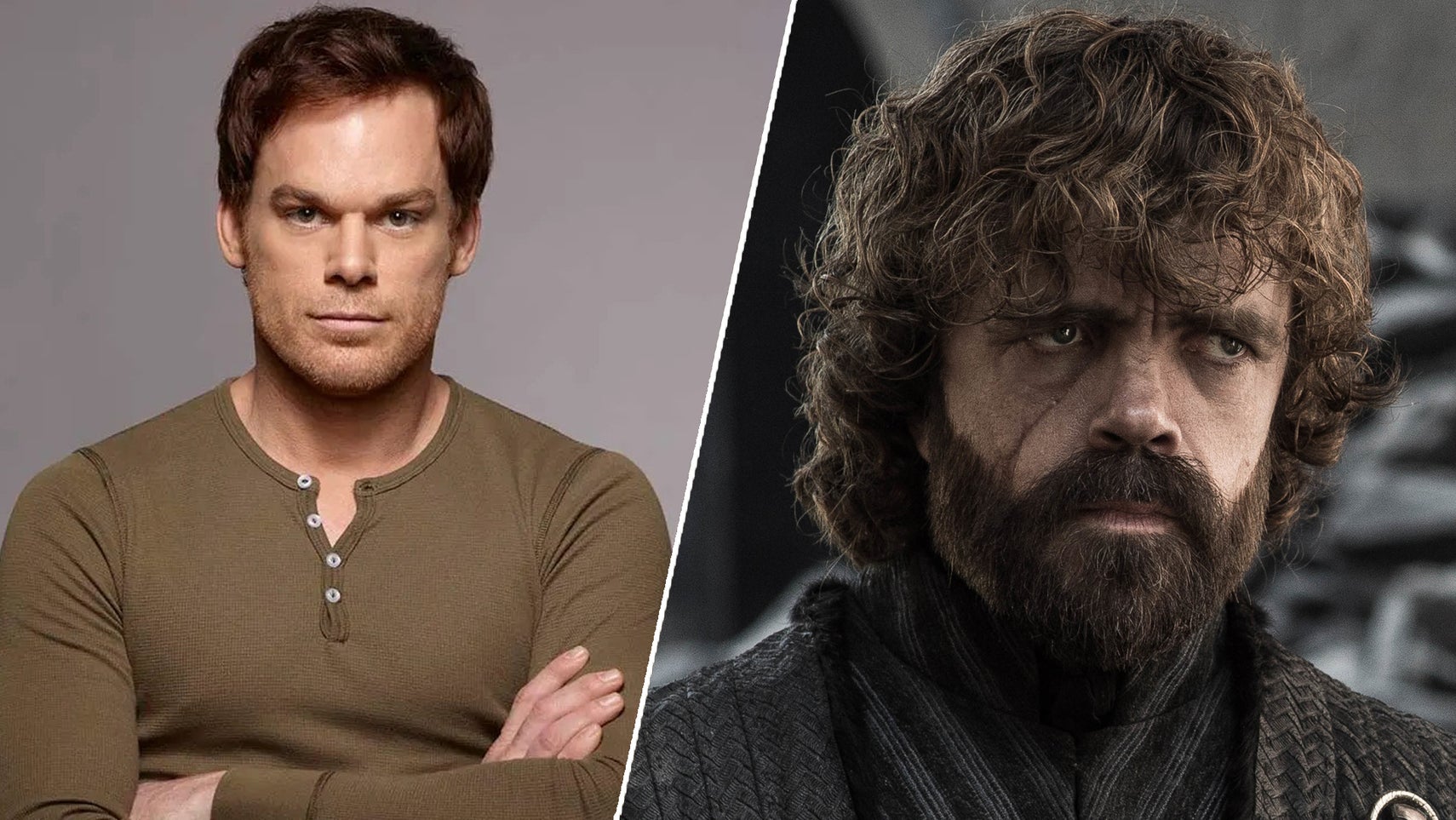 On the left, a promo shot of the titular Dexter stood against a grey background, his arms crossed, looking in to the camera. On the right, Peter Dinklage as Tyrion Lannister in Game of Thrones, he looks a bit worn down, has shoulder length curly hair and a think beard. - 1