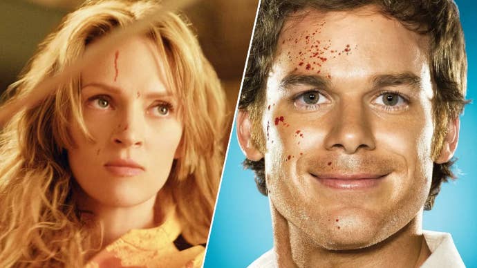 On the left, Uma Thurman in Kill Bill, she has a serious expression and blood on her face. On the right, Michael C. Hall in a poster for Dext, he’s smiling and has blood on his face.