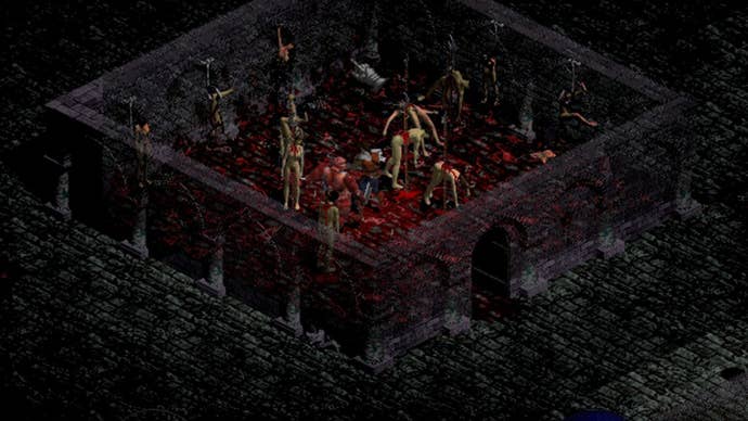 A room full of corpses on spikes in Diablo 1.