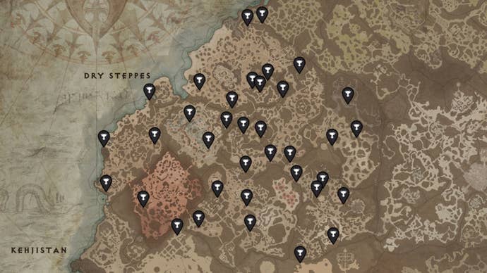 A map of Dry Steppes, a region in Diablo 4, with the locations of all Altars Of Lilith marked with black pins.