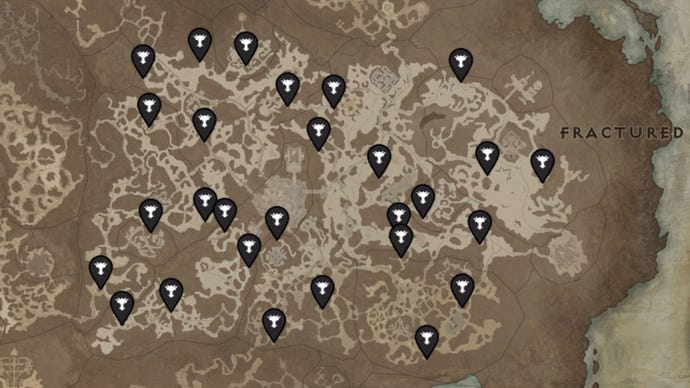 A map of Fractured Peaks, a region in Diablo 4, with the locations of all Altars Of Lilith marked with black pins.