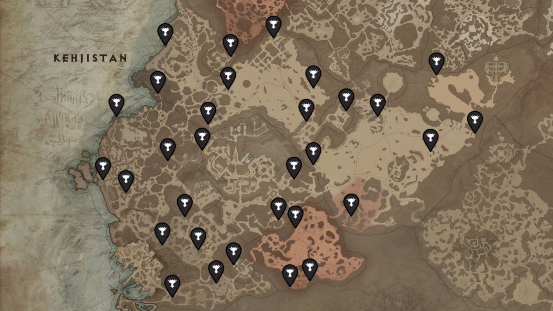 A map of Kehjistan, a region in Diablo 4, with the locations of all Altars Of Lilith marked with black pins. - 7