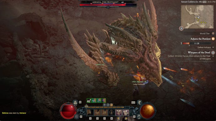 A Diablo 4 Ashava, the Pestilent, boss batle feature players on World Tier II.