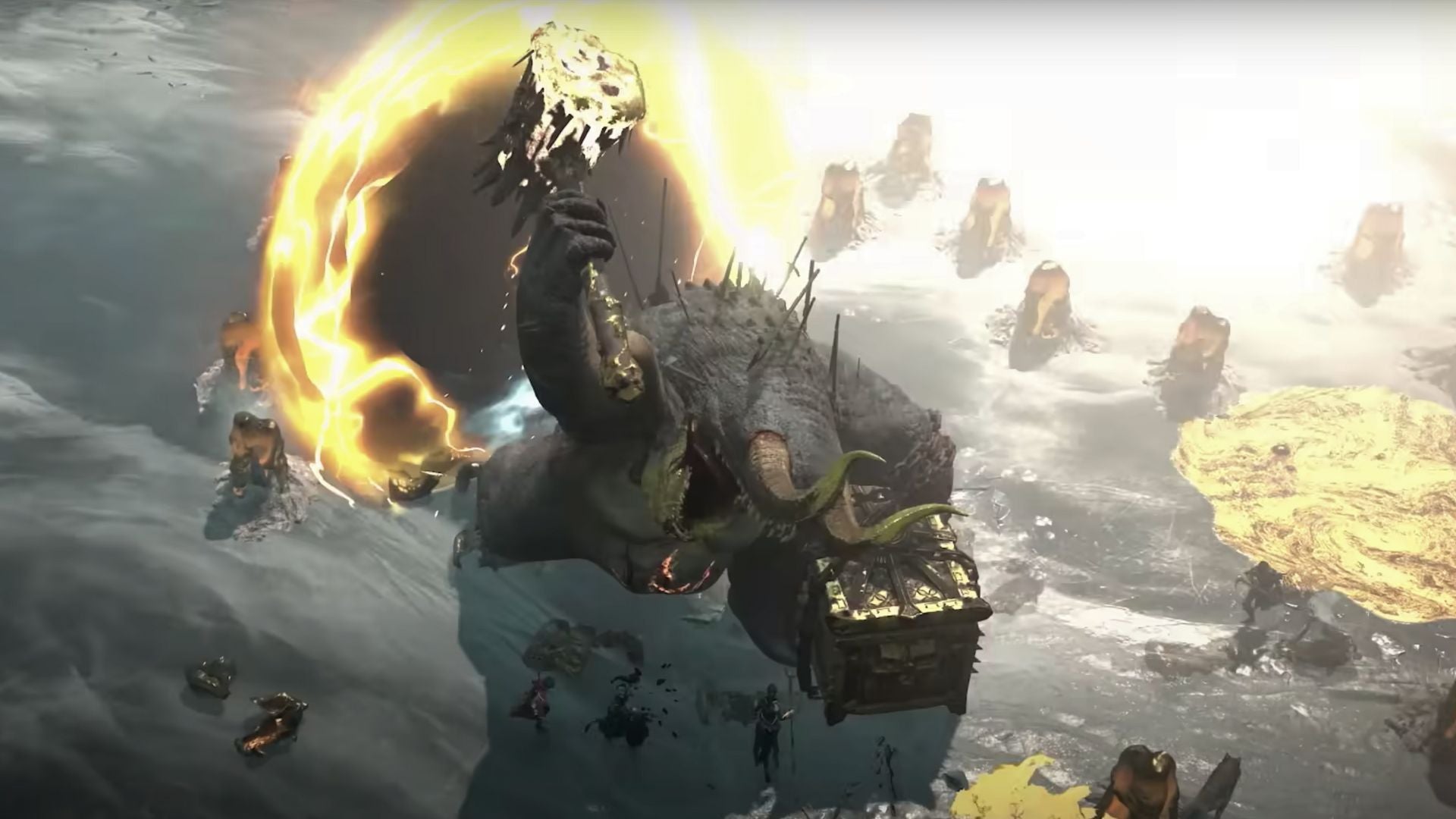 Diablo 4's Avarice, the Gold Cursed, slams its hammer down among warriors. - 4