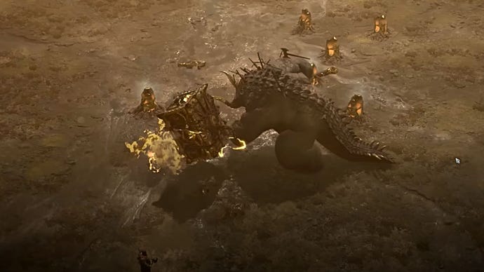 Diablo 4's Avarice, the Gold Cursed, uses its mace against players.