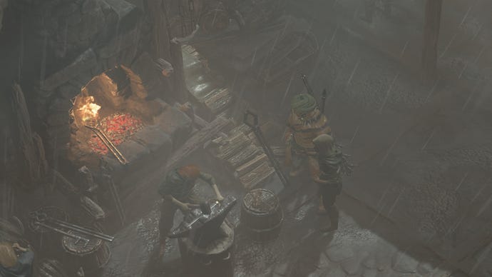 Diablo 4 baleful fragments: A man in a turban and furry loincloth is standing near a man hammering on an anvil in the rain