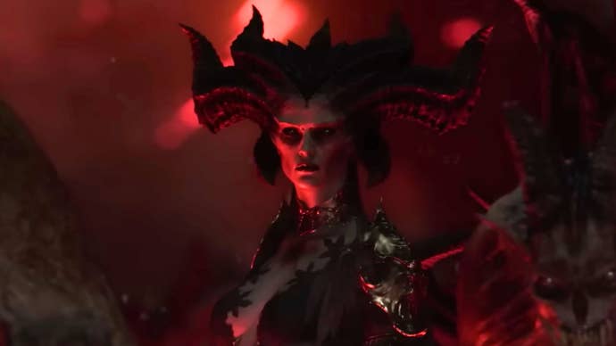 Diablo 4 Lilith looks on in a Hellish gaze.