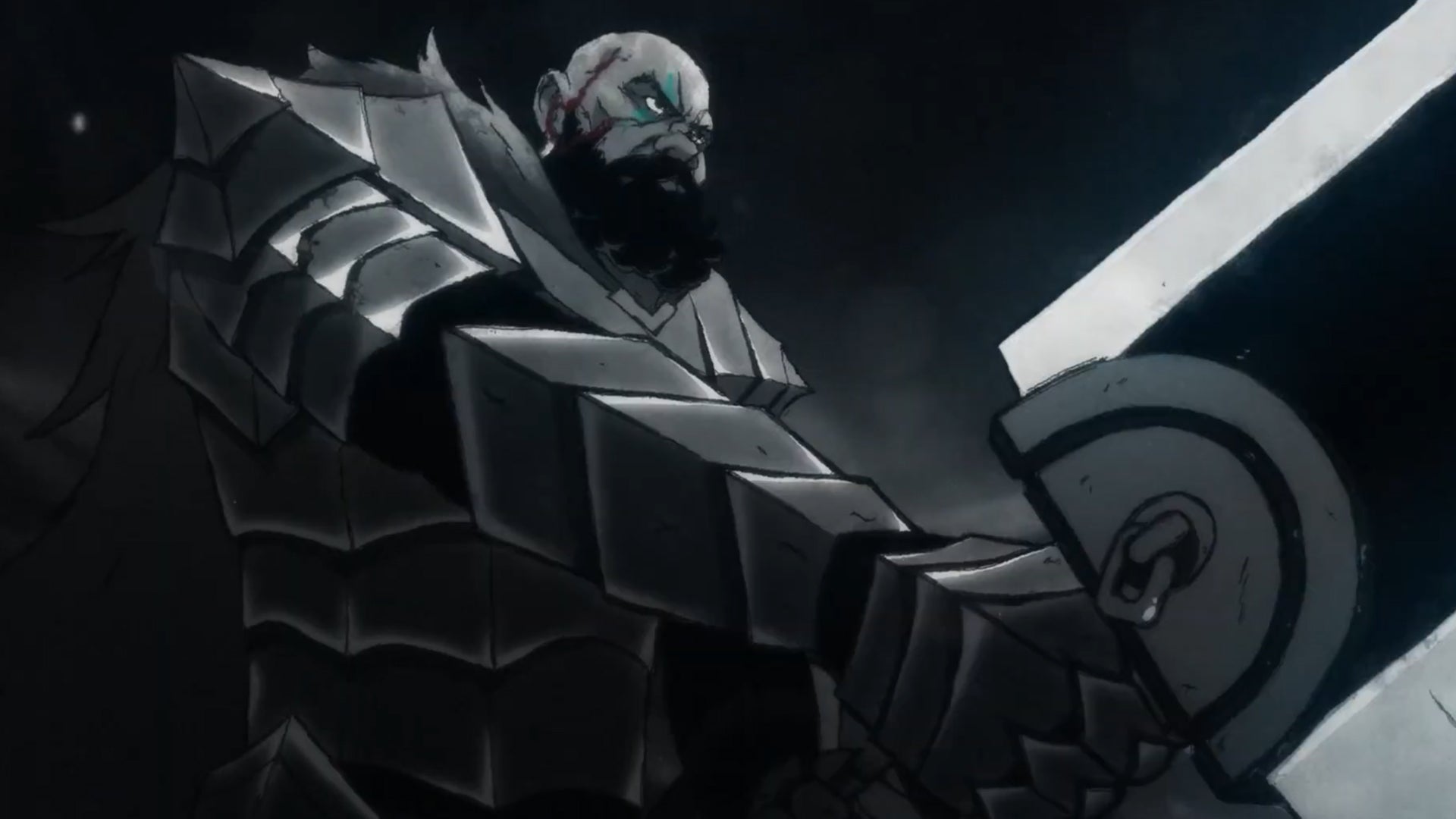 An angry bald man wearing Berserk's Guts' armour and holding his sword in an animated Diablo 4 trailer. - 1