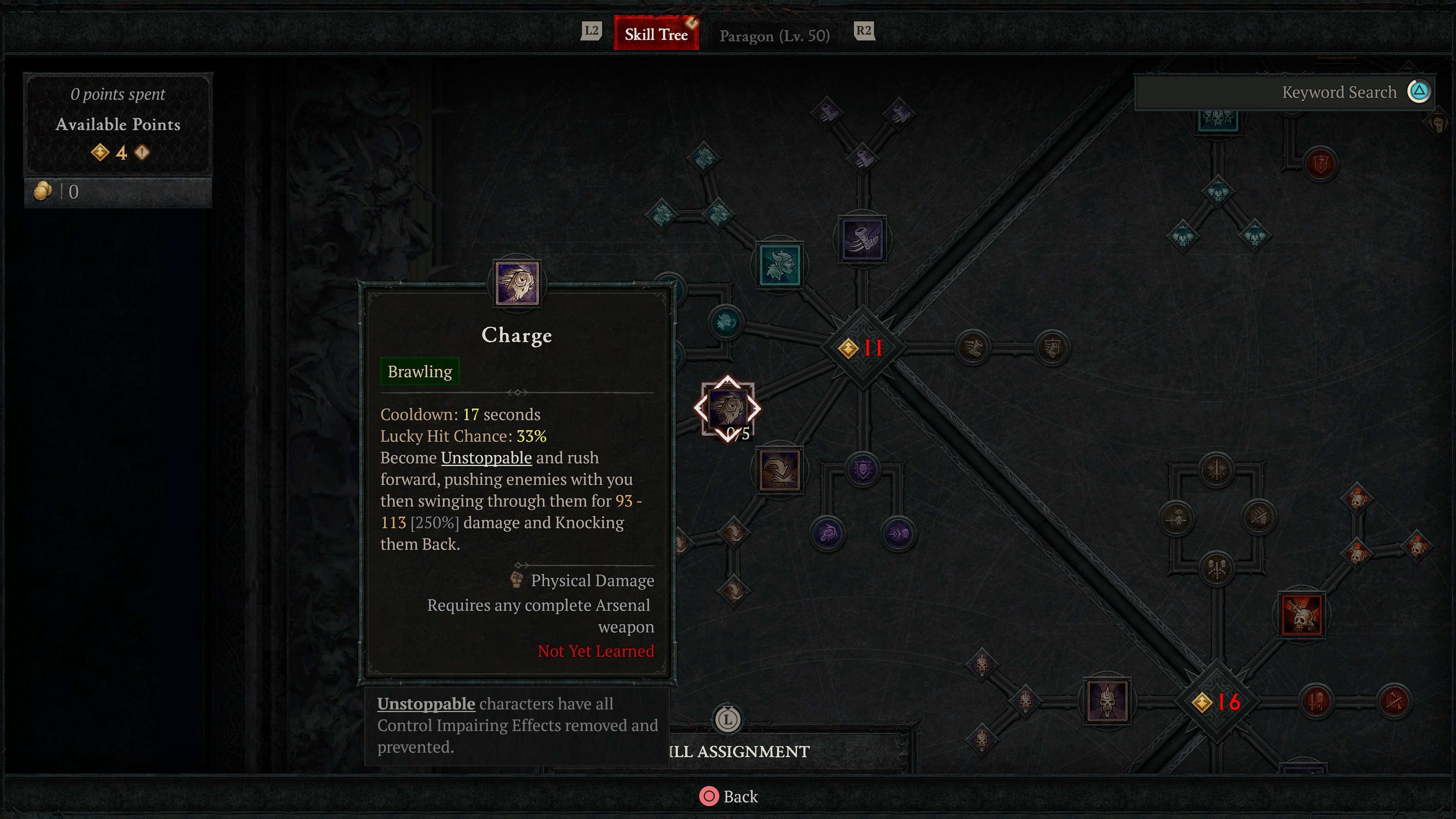 The Barbarian&rsquo;s skill tree in Diablo 4, showing the Charge skill.