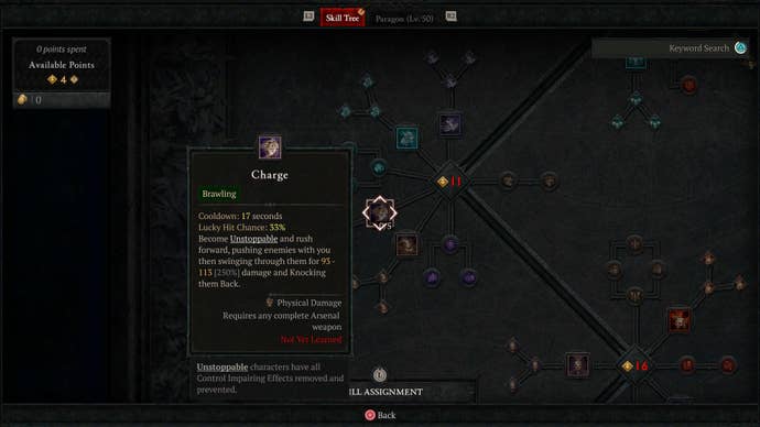 The Barbarian’s skill tree in Diablo 4, showing the Charge skill.