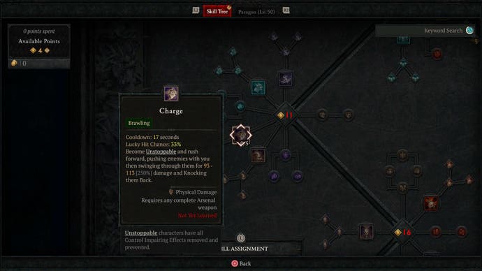 The Barbarian's skill tree in Diablo 4, showing the Charge skill.