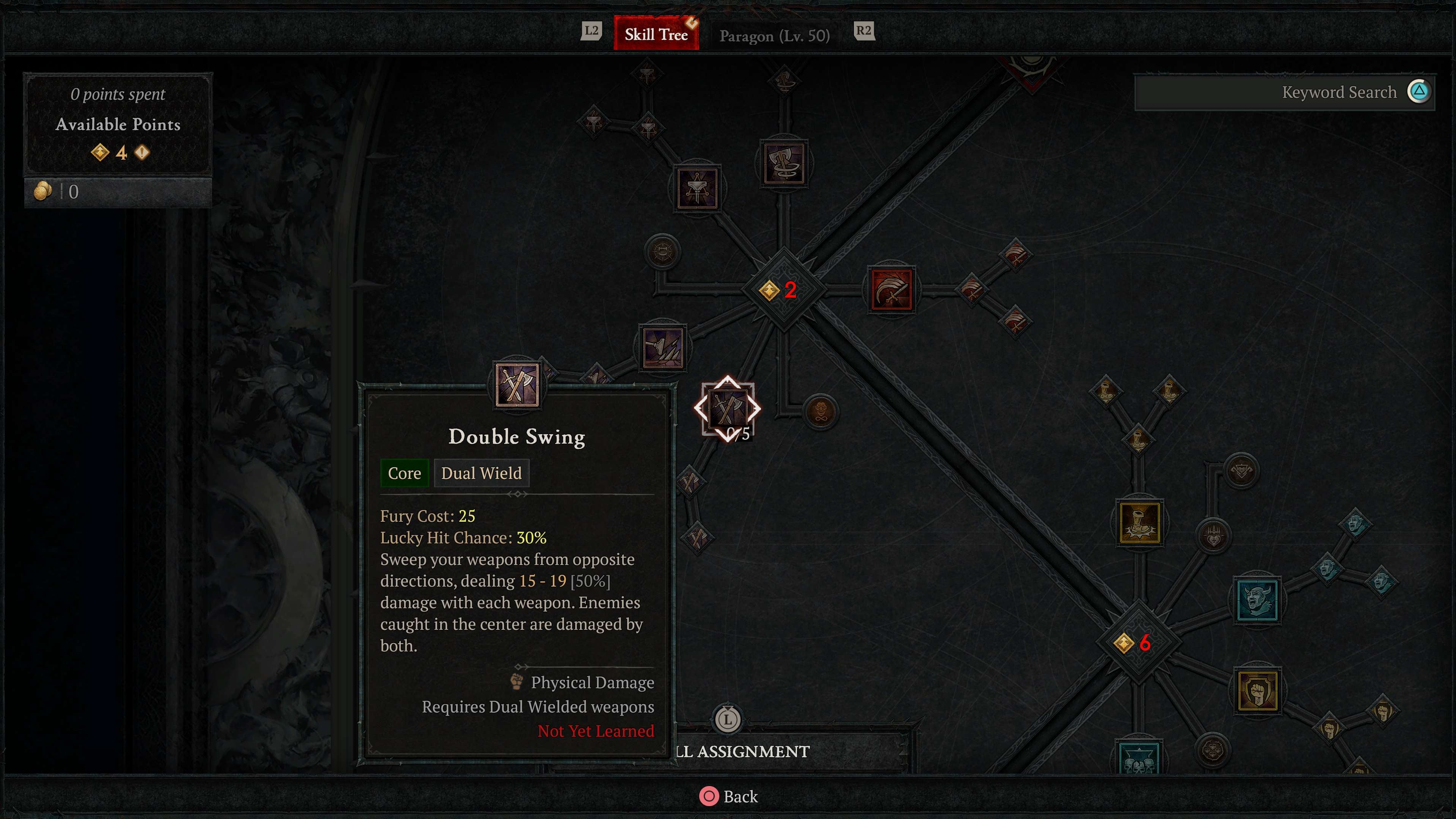 The Barbarian&rsquo;s skill tree in Diablo 4, showing the Double Swing skill.