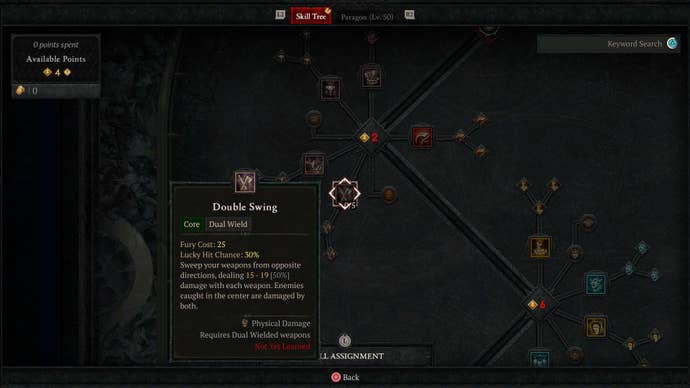 The Barbarian’s skill tree in Diablo 4, showing the Double Swing skill.