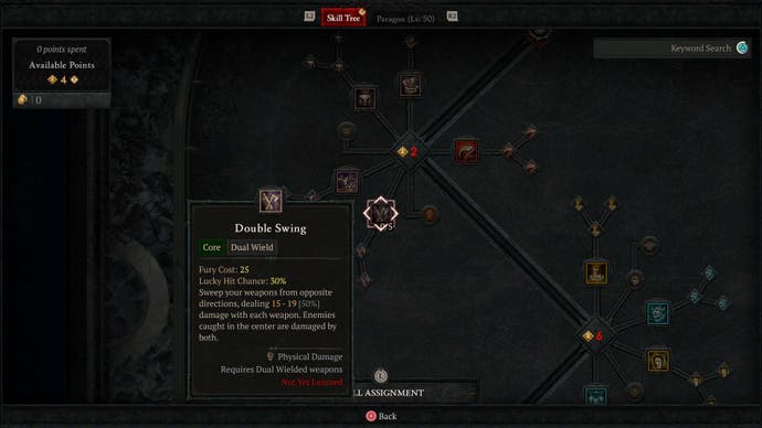 The Barbarian's skill tree in Diablo 4, showing the Double Swing skill.