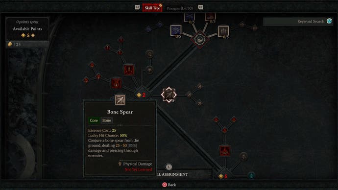 The Necromancer skill tree in Diablo 4, with the Bone Spear ability.
