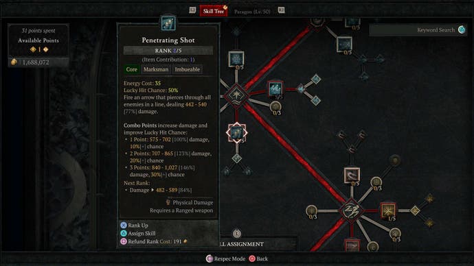 The Penetrating Shot skill on the Rogue's skill tree in Diablo 4.