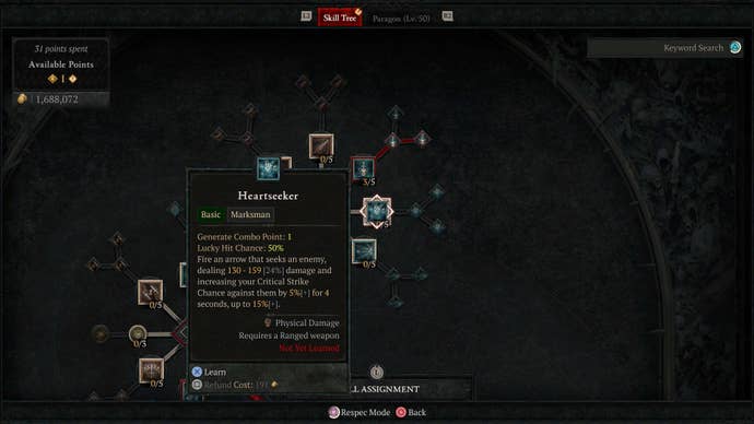 The Heartseeker skill on the Rogue’s skill tree in Diablo 4.