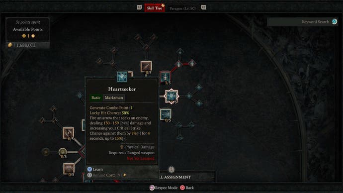 The Heartseeker skill on the Rogue's skill tree in Diablo 4.