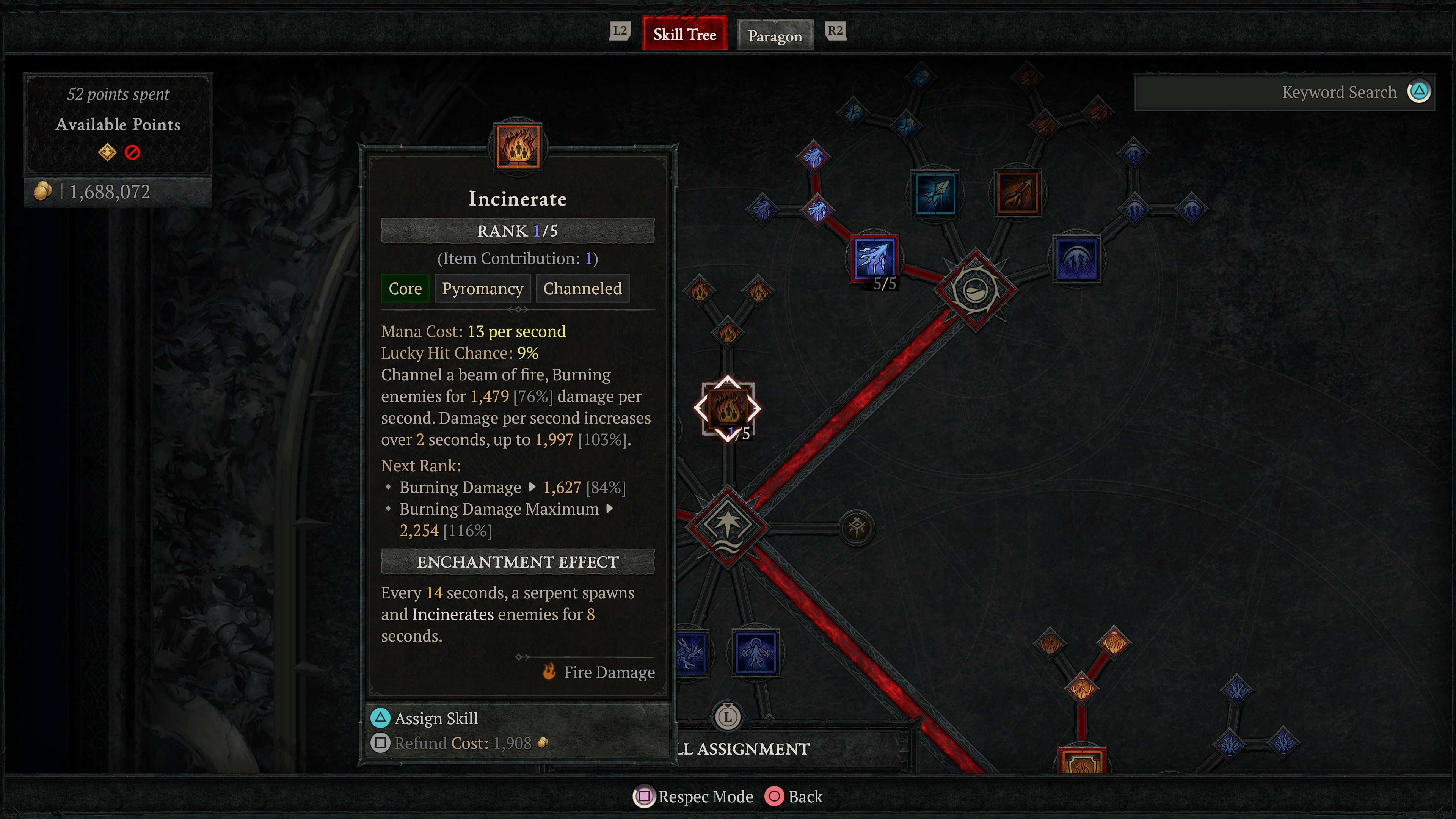 An image of the Sorcerer&rsquo;s skill tree in Diablo 4, showing the Incinerate skill.