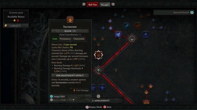 An image of the Sorcerer's skill tree in Diablo 4, showing the Incinerate skill.