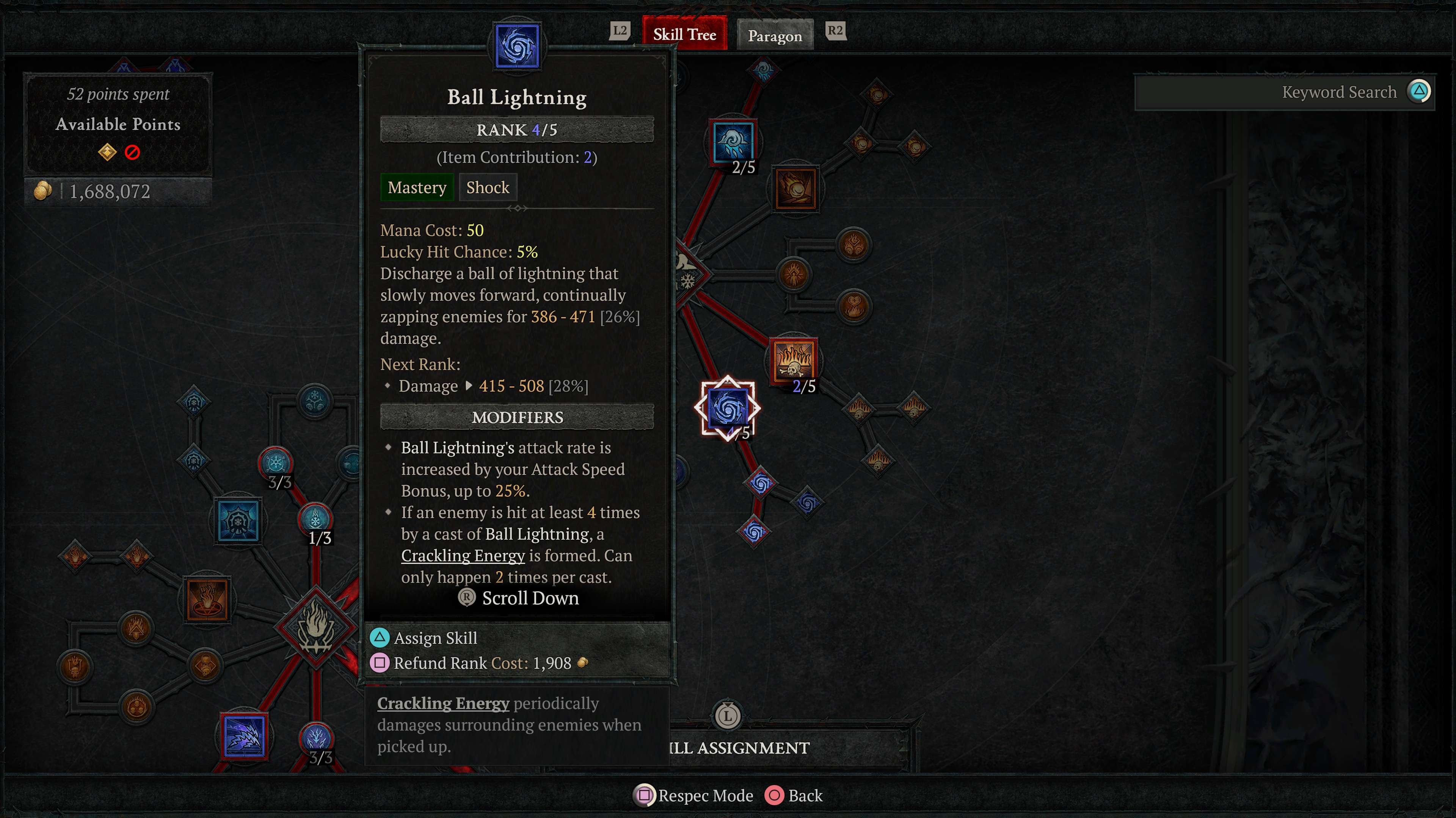 An image of the Sorcerer&rsquo;s skill tree in Diablo 4, showing the Ball Lightning skill.