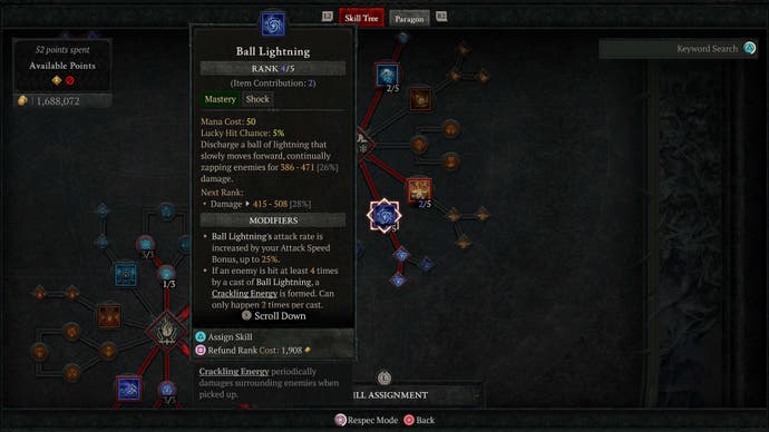 An image of the Sorcerer's skill tree in Diablo 4, showing the Ball Lightning skill.