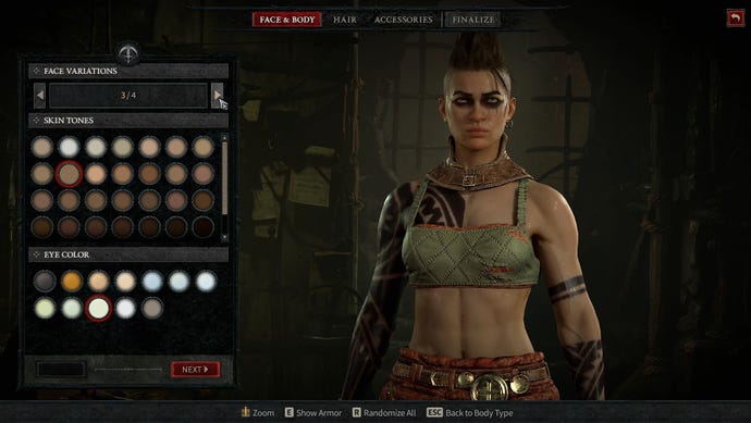 The character creation screen in Diablo 4’s beta, showing a big buff barbarian woman