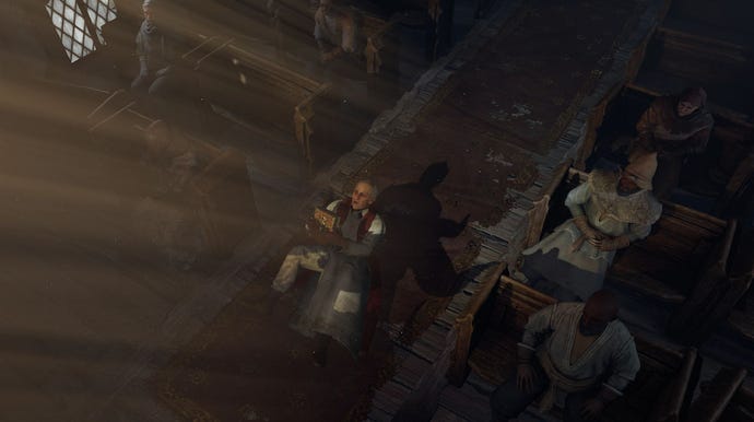 A scene in Diablo 4’s open beta showing a priest kneeling in a ray of light in a church, looking troubled