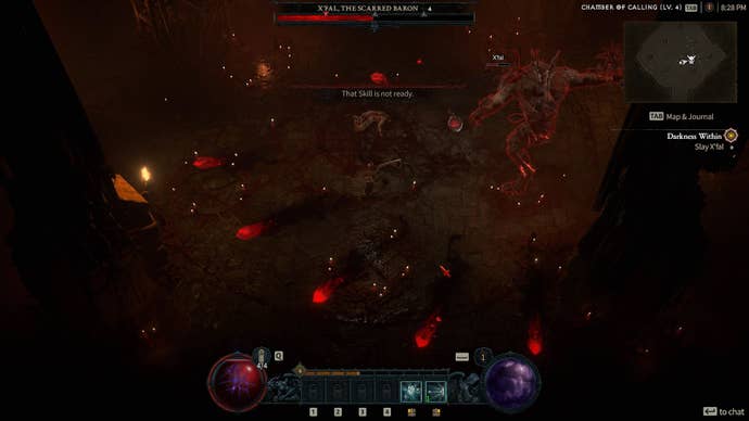 A boss fight against a huge demon creature called X’fal The Scarred Baron in an underground cave in the Diablo 4 beta